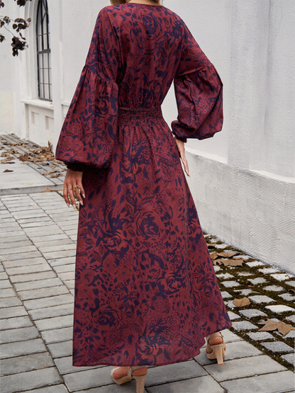 Maxi Dress- Floral Long Sleeve Surplice V-Neck Maxi Dress- - IndioGear.com