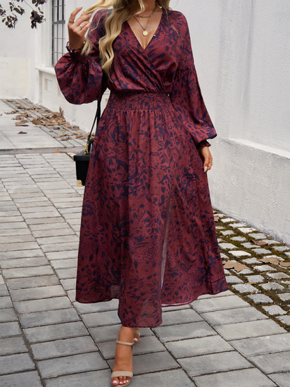 Maxi Dress- Floral Long Sleeve Surplice V-Neck Maxi Dress- - IndioGear.com