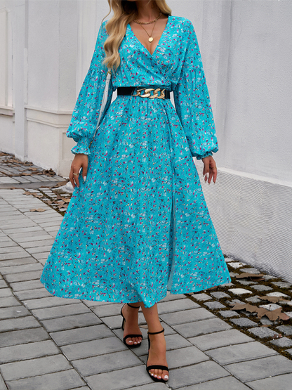 Maxi Dress- Floral Long Sleeve Surplice V-Neck Maxi Dress- - IndioGear.com