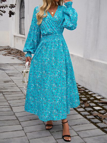 Maxi Dress- Floral Long Sleeve Surplice V-Neck Maxi Dress- - IndioGear.com