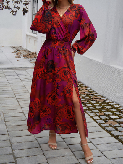 Maxi Dress- Floral Long Sleeve Surplice V-Neck Maxi Dress- Red- IndioGear.com