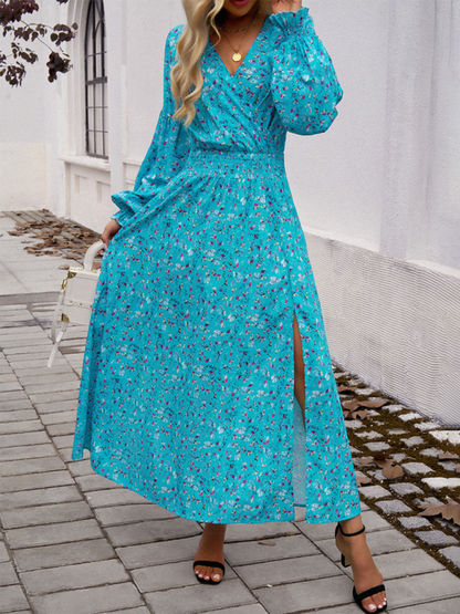 Maxi Dress- Floral Long Sleeve Surplice V-Neck Maxi Dress- Blue- IndioGear.com