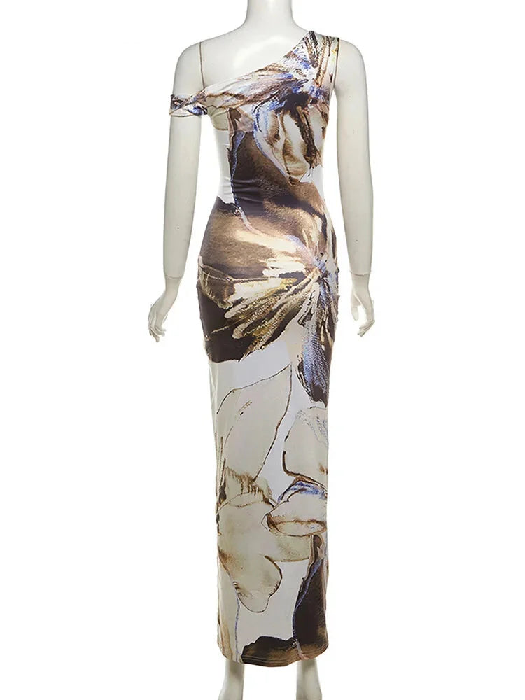 Maxi Dresses- Art Print Asymmetrical Long Dress- - IndioGear.com