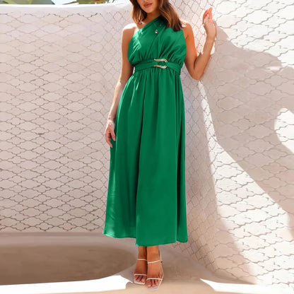 Maxi Dresses- Asymmetric Long Dress Cinched Waist and Sleeveless- Green- IndioGear.com