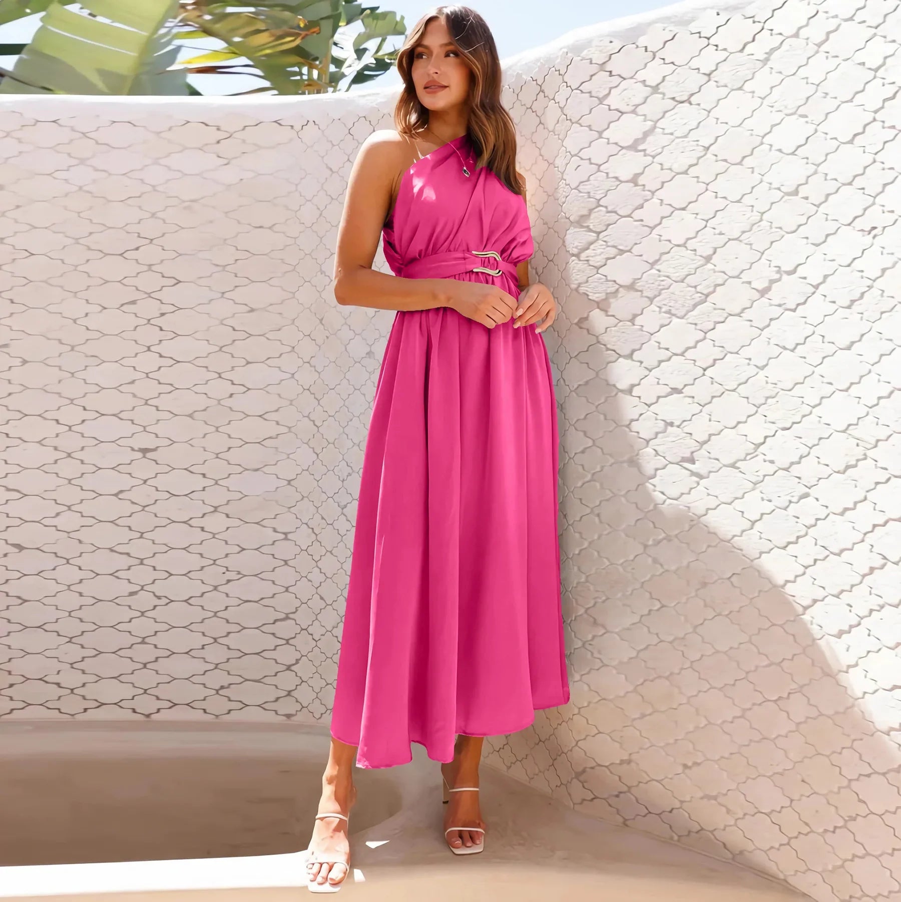 Maxi Dresses- Asymmetric Long Dress Cinched Waist and Sleeveless- - IndioGear.com