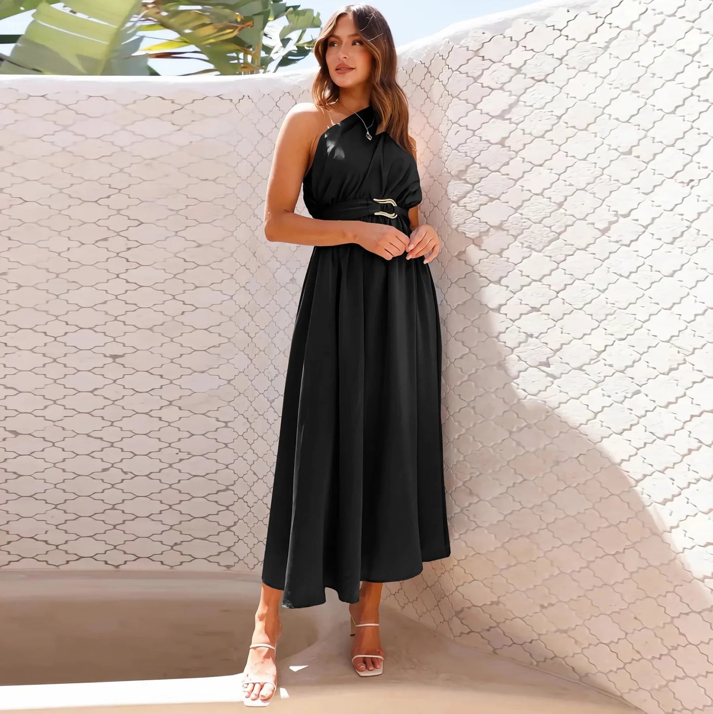 Maxi Dresses- Asymmetric Long Dress Cinched Waist and Sleeveless- - IndioGear.com