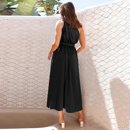 Maxi Dresses- Asymmetric Long Dress Cinched Waist and Sleeveless- - IndioGear.com