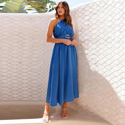 Maxi Dresses- Asymmetric Long Dress Cinched Waist and Sleeveless- - IndioGear.com