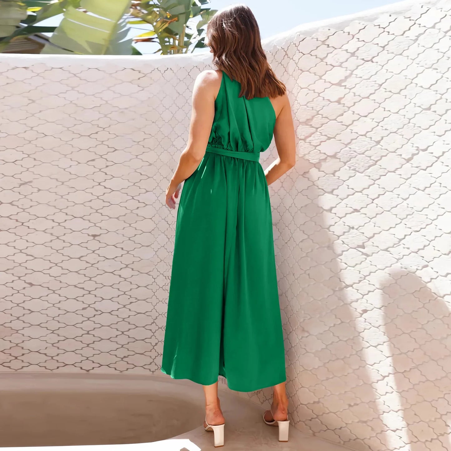 Maxi Dresses- Asymmetric Long Dress Cinched Waist and Sleeveless- - IndioGear.com