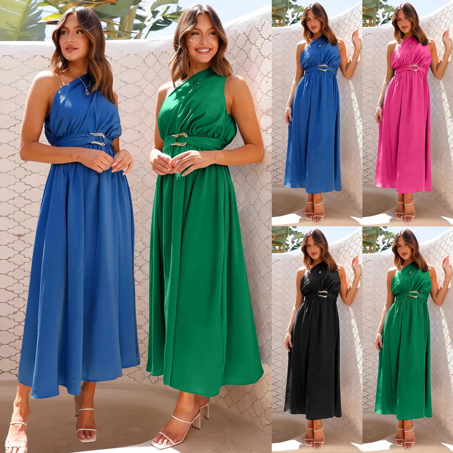 Maxi Dresses- Asymmetric Long Dress Cinched Waist and Sleeveless- - IndioGear.com