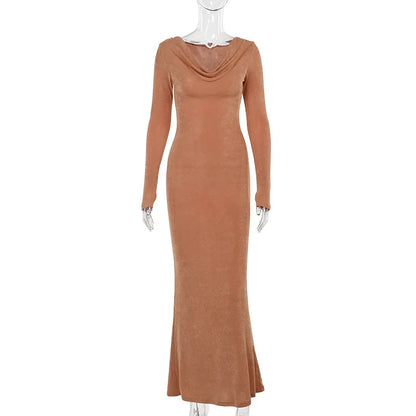 Maxi Dresses- Autumn Whisper Long Gown Cowl Back Evening Dress- Khaki- IndioGear Women Clothing