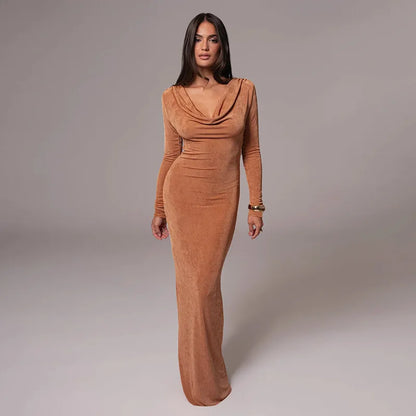 Maxi Dresses- Autumn Whisper Long Gown Cowl Back Evening Dress- - IndioGear Women Clothing