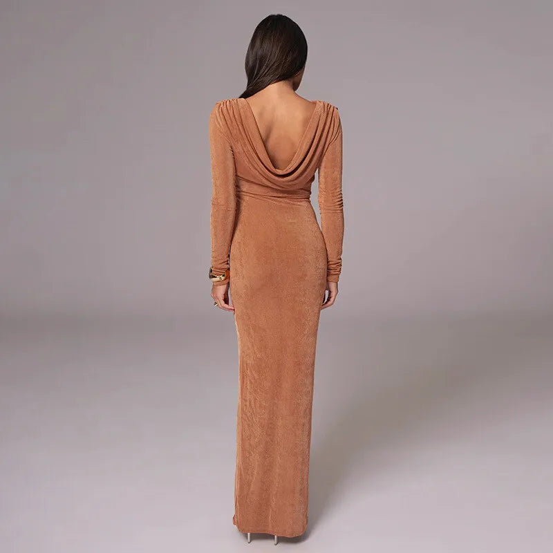 Maxi Dresses- Autumn Whisper Long Gown Cowl Back Evening Dress- - IndioGear Women Clothing