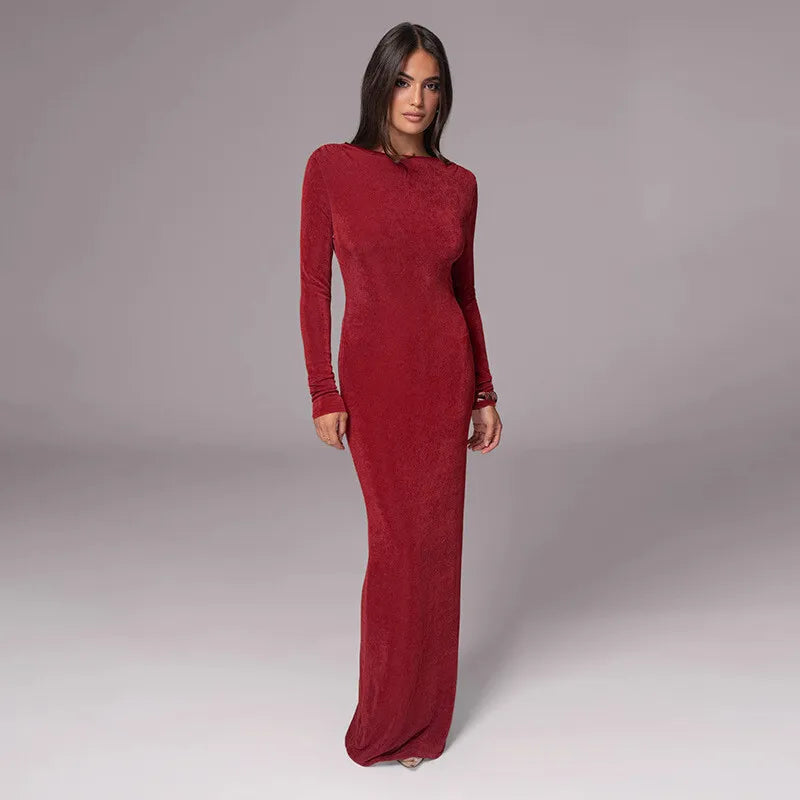 Maxi Dresses- Autumn Whisper Long Gown Cowl Back Evening Dress- - IndioGear Women Clothing