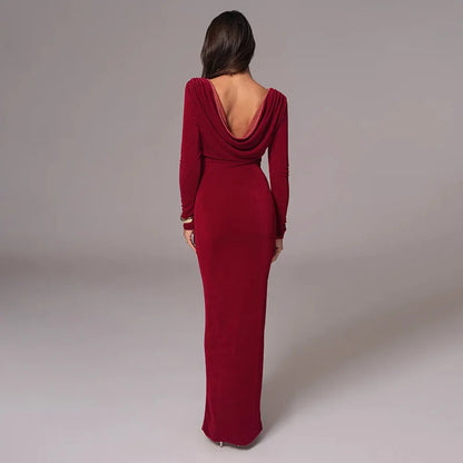 Maxi Dresses- Autumn Whisper Long Gown Cowl Back Evening Dress- - IndioGear Women Clothing