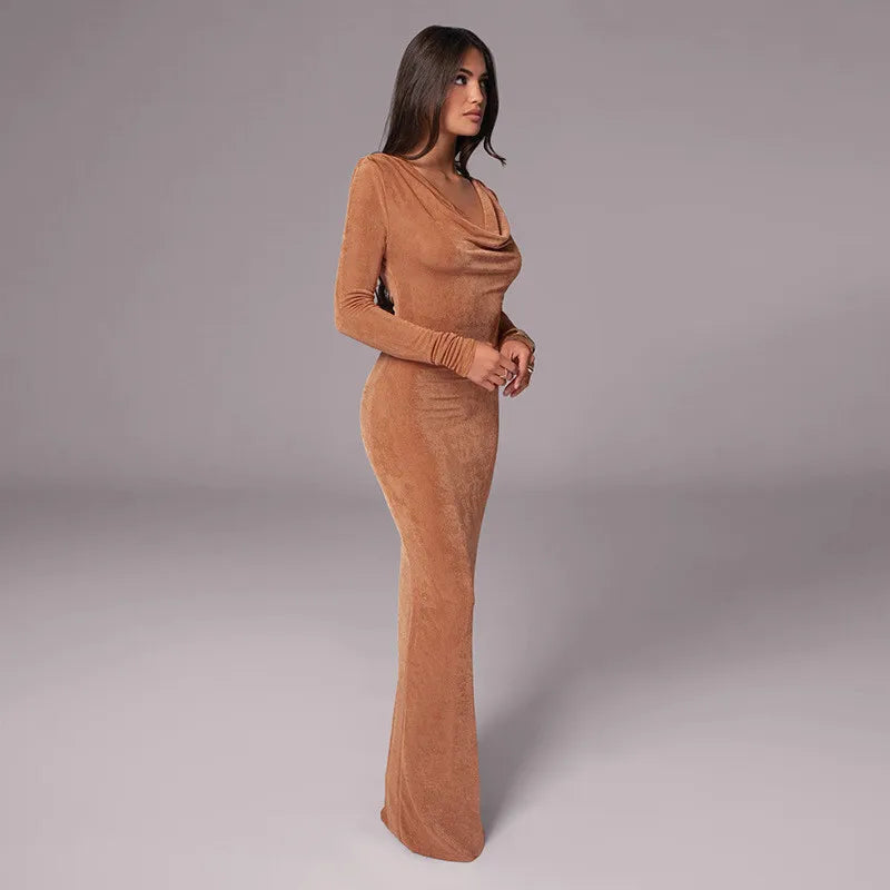 Maxi Dresses- Autumn Whisper Long Gown Cowl Back Evening Dress- - IndioGear Women Clothing