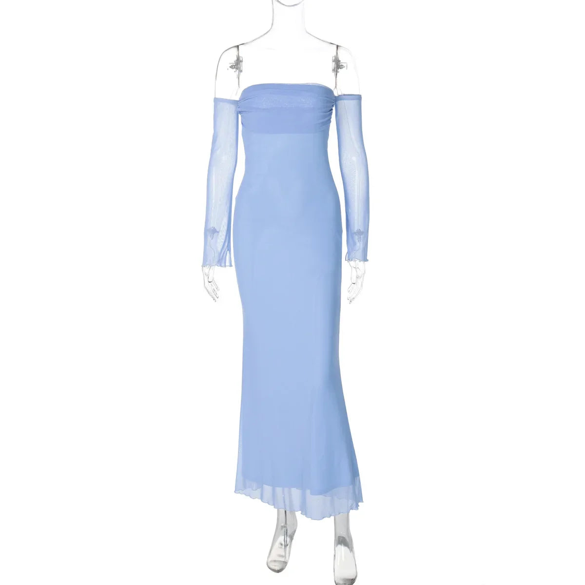 Maxi Dresses- Blue Off-Shoulder Evening Gown - Floor-Length Elegant Dress- - IndioGear.com