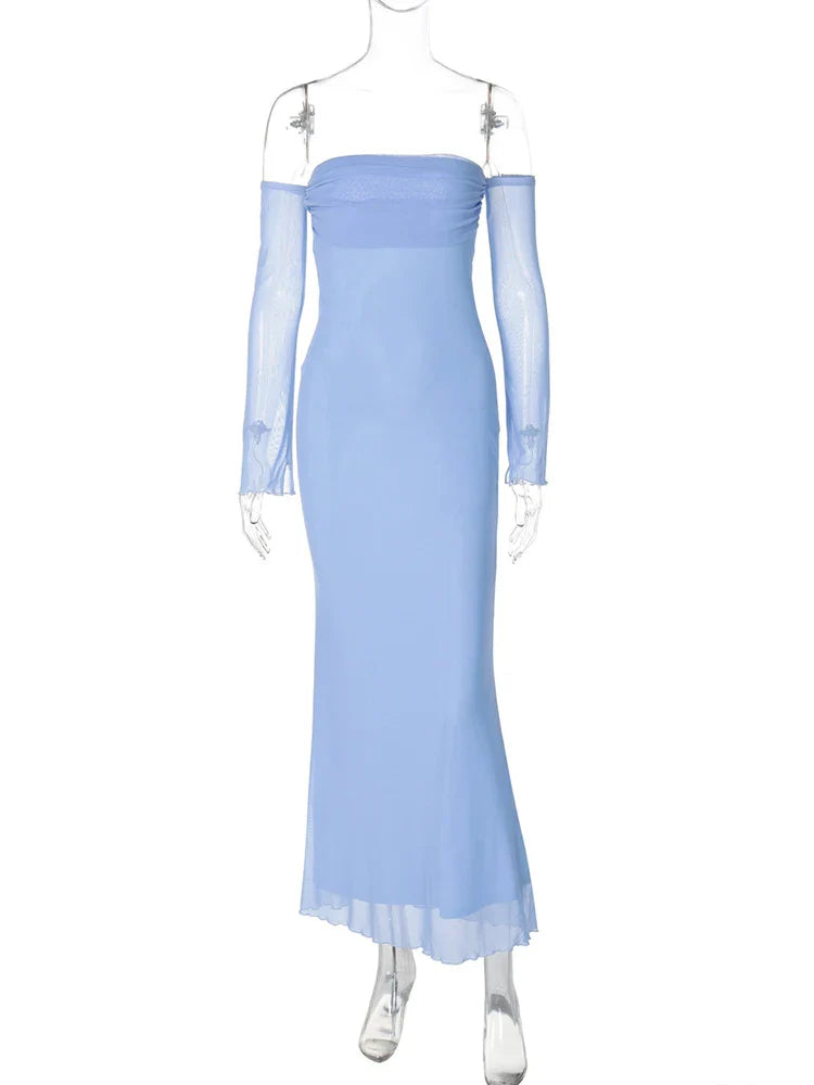 Maxi Dresses- Blue Off-Shoulder Evening Gown - Floor-Length Elegant Dress- Blue- IndioGear.com