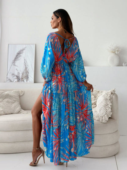 Maxi Dresses - Boho Floral Maxi Dress with Slit for Festivals