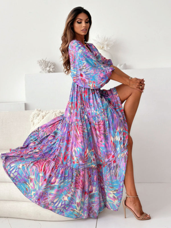 Maxi Dresses - Boho Floral Maxi Dress with Slit for Festivals