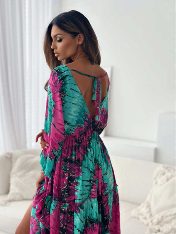 Maxi Dresses - Boho Floral Maxi Dress with Slit for Festivals