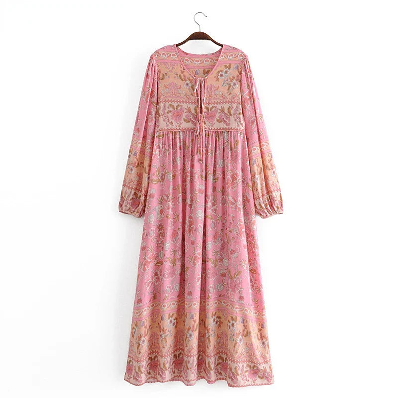 Maxi Dresses- Boho Free-flowing Floral Maxi Dress- Pink- IndioGear.com