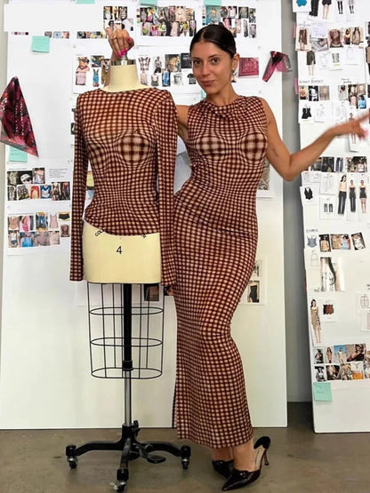 Maxi Dresses- Bold Gingham Backless Maxi Dress for Parties and Events- - IndioGear.com