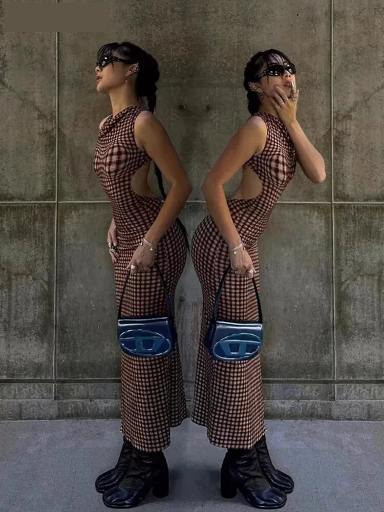 Maxi Dresses- Bold Gingham Backless Maxi Dress for Parties and Events- - IndioGear.com