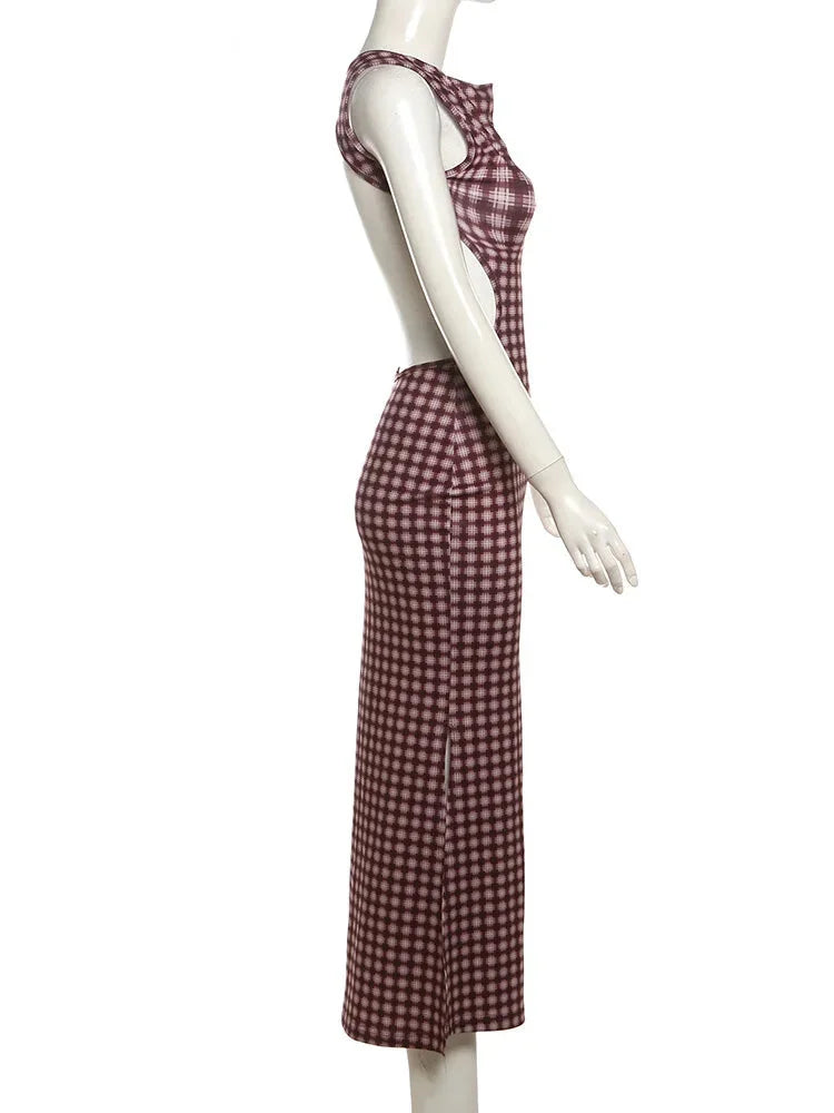 Maxi Dresses- Bold Gingham Backless Maxi Dress for Parties and Events- - IndioGear.com