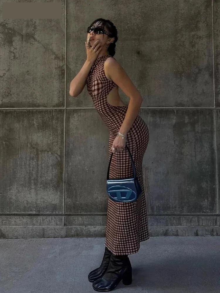 Maxi Dresses- Bold Gingham Backless Maxi Dress for Parties and Events- - IndioGear.com