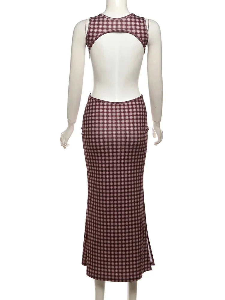 Maxi Dresses- Bold Gingham Backless Maxi Dress for Parties and Events- - IndioGear.com