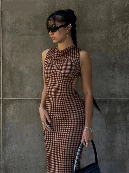 Maxi Dresses- Bold Gingham Backless Maxi Dress for Parties and Events- Brown- IndioGear.com