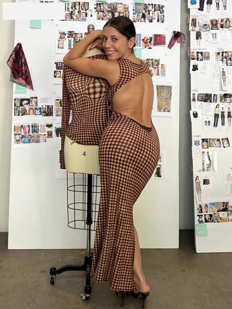 Maxi Dresses- Bold Gingham Backless Maxi Dress for Parties and Events- - IndioGear.com