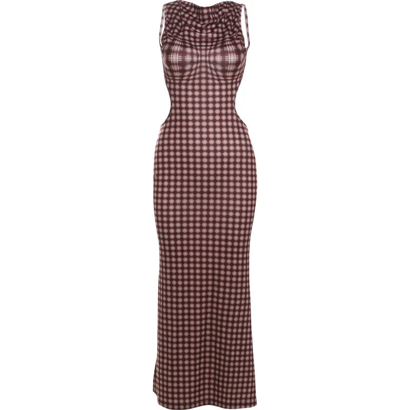 Maxi Dresses- Bold Gingham Backless Maxi Dress for Parties and Events- - IndioGear.com