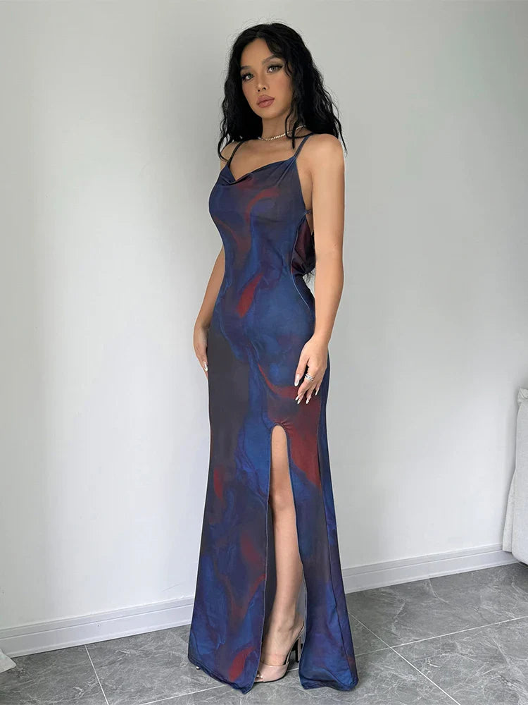 Maxi Dresses- Cocktail Abstract Print Cowl-Back Slit Dress- - IndioGear.com