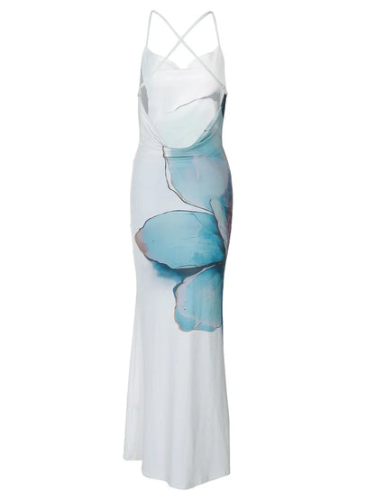 Maxi Dresses- Cocktail Abstract Print Cowl-Back Slit Dress- - IndioGear.com