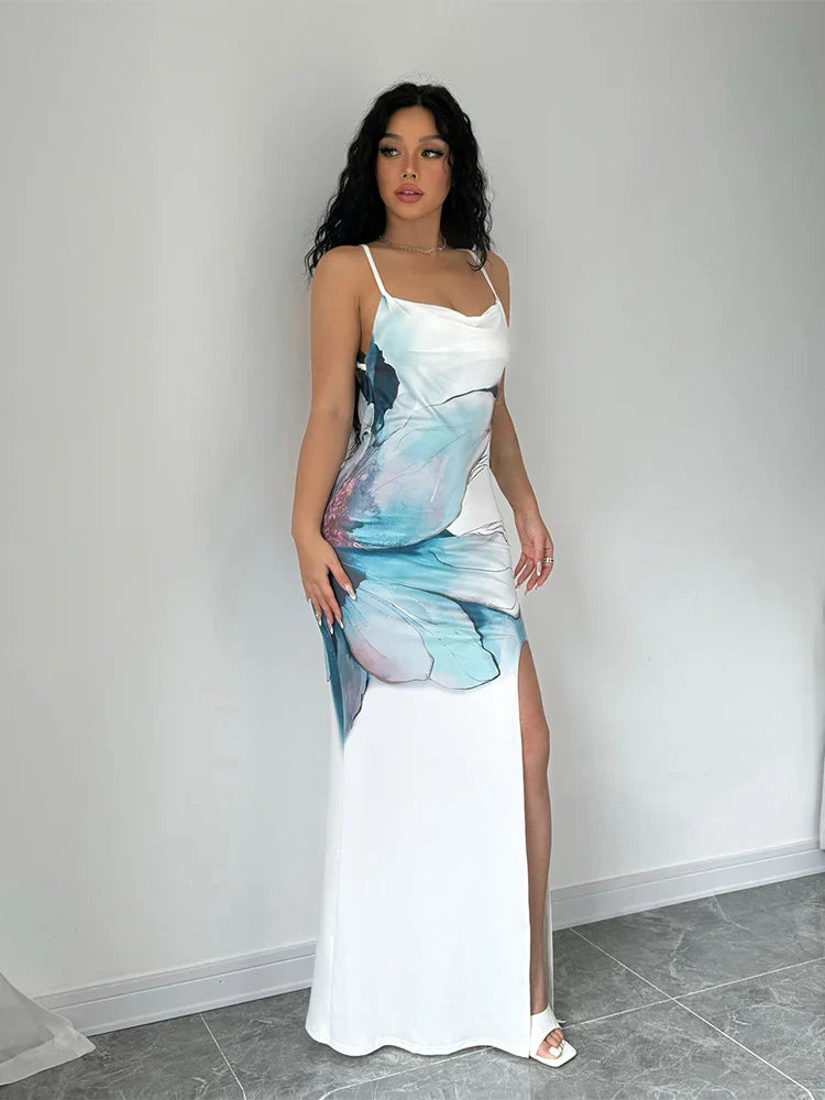 Maxi Dresses- Cocktail Abstract Print Cowl-Back Slit Dress- - IndioGear.com