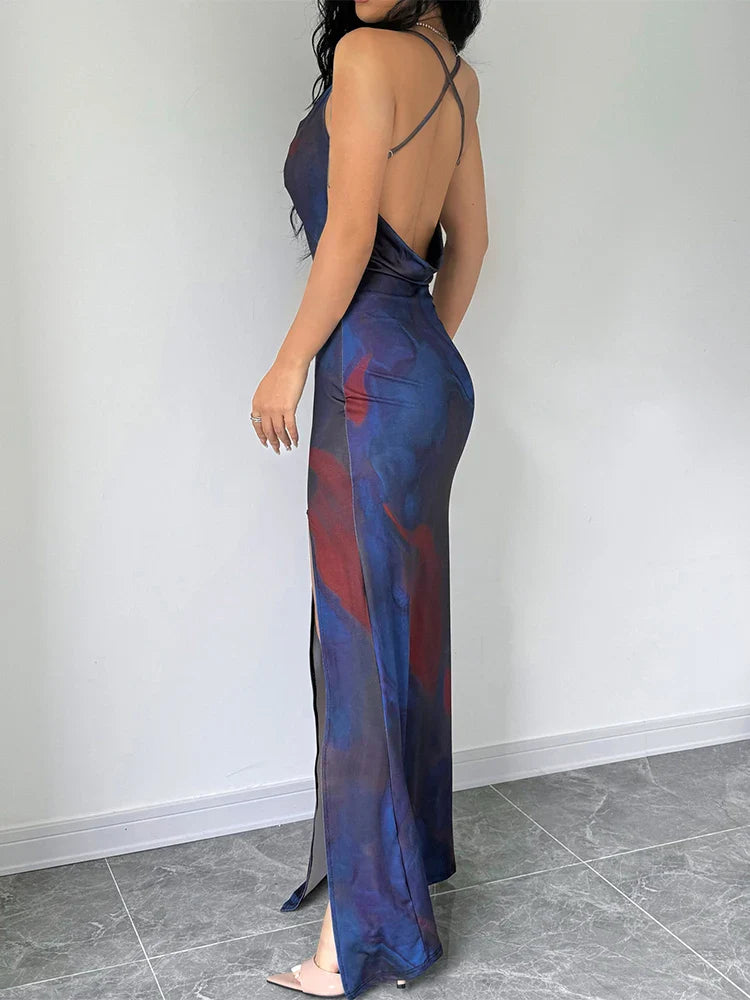 Maxi Dresses- Cocktail Abstract Print Cowl-Back Slit Dress- - IndioGear.com