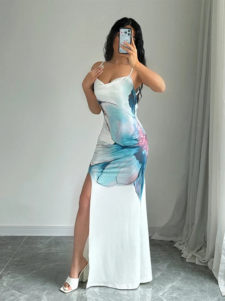 Maxi Dresses- Cocktail Abstract Print Cowl-Back Slit Dress- - IndioGear.com