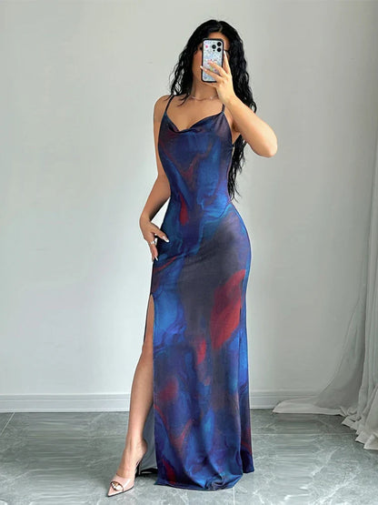 Maxi Dresses- Cocktail Abstract Print Cowl-Back Slit Dress- Blue- IndioGear.com