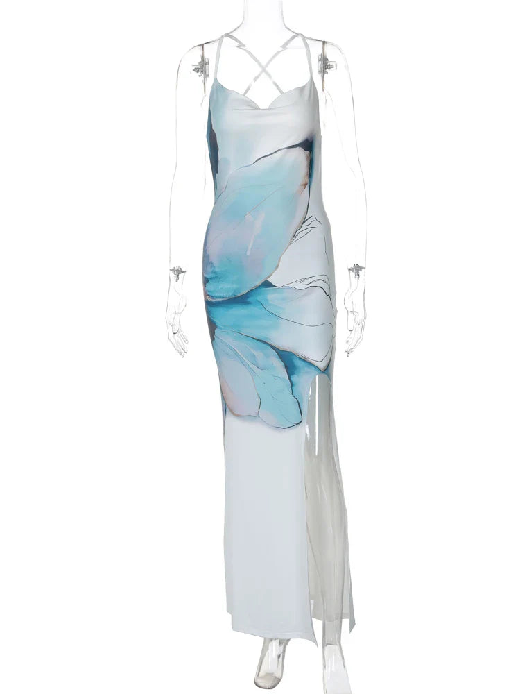 Maxi Dresses- Cocktail Abstract Print Cowl-Back Slit Dress- - IndioGear.com