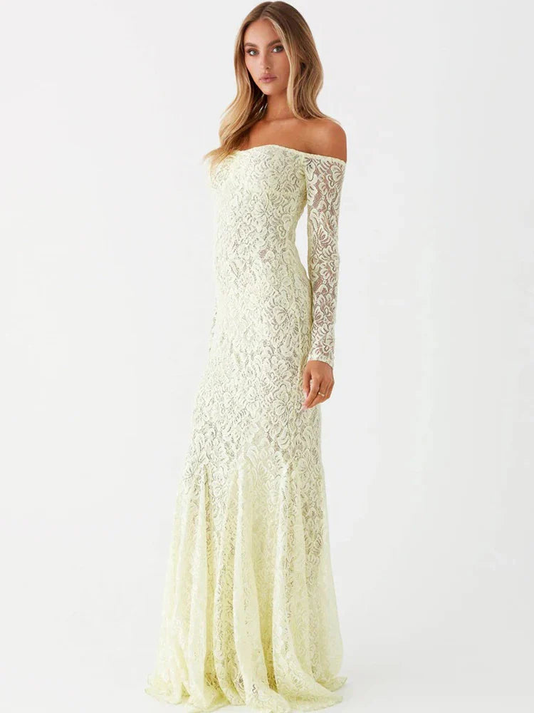 Maxi Dresses- Elegant Lace Off-Shoulder Maxi Dress- - IndioGear.com