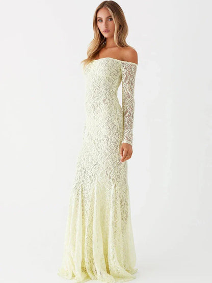 Maxi Dresses- Elegant Lace Off-Shoulder Maxi Dress- - IndioGear.com