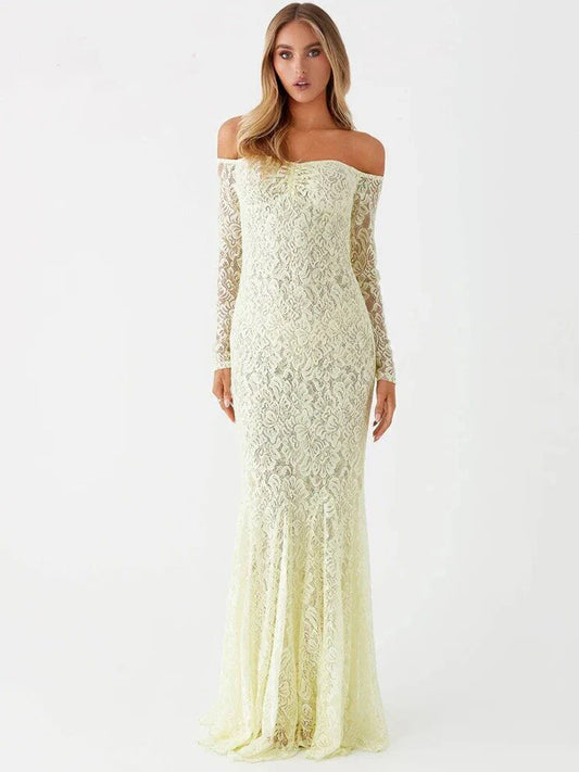 Maxi Dresses- Elegant Lace Off-Shoulder Maxi Dress- Light Yellow- IndioGear.com