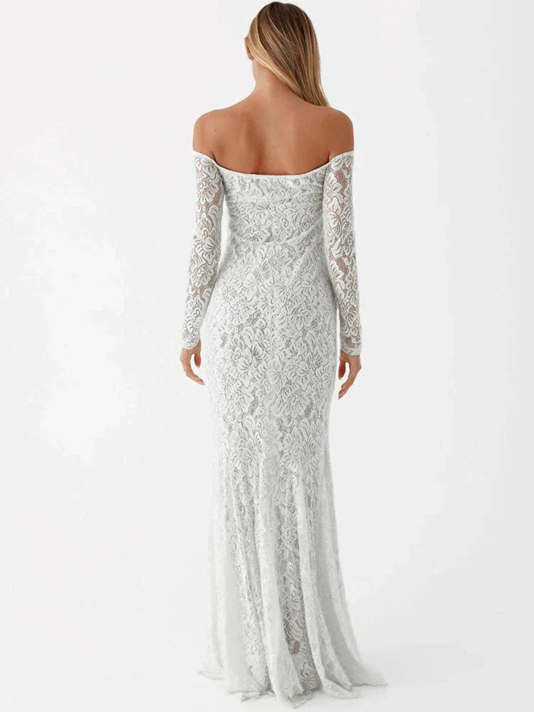 Maxi Dresses- Elegant Lace Off-Shoulder Maxi Dress- - IndioGear.com