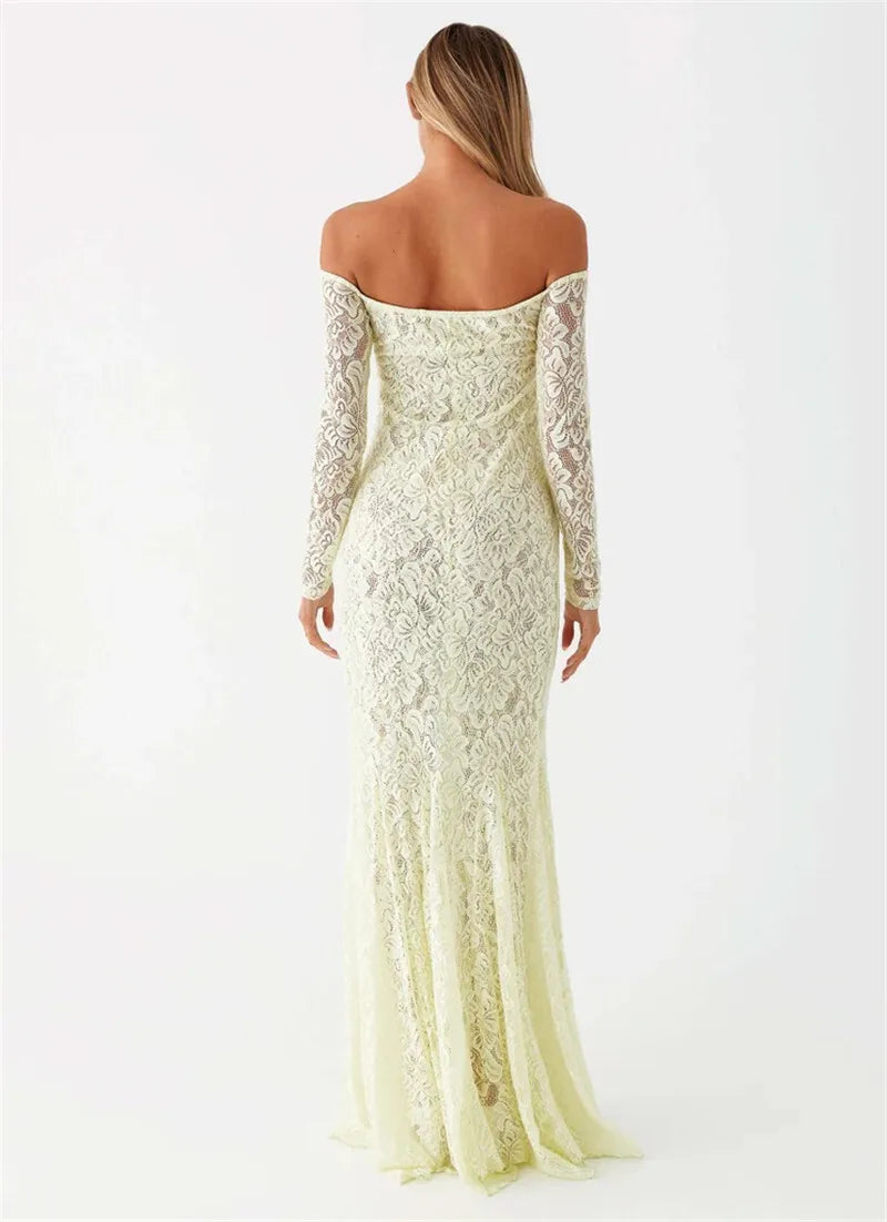 Maxi Dresses- Elegant Lace Off-Shoulder Maxi Dress- - IndioGear.com