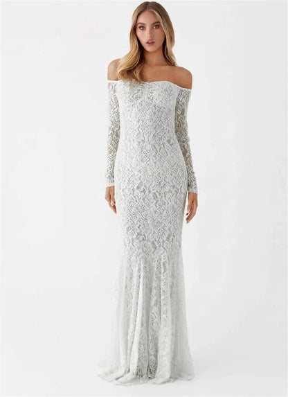 Maxi Dresses- Elegant Lace Off-Shoulder Maxi Dress- - IndioGear.com