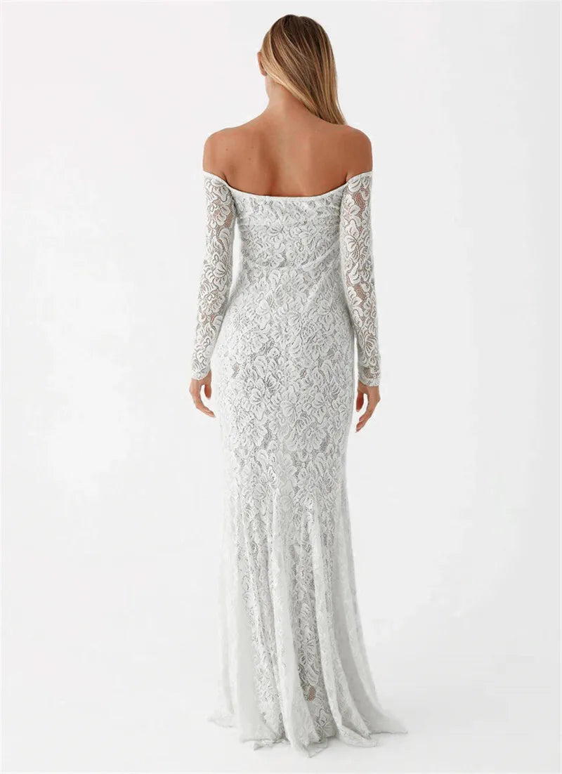 Maxi Dresses- Elegant Lace Off-Shoulder Maxi Dress- - IndioGear.com