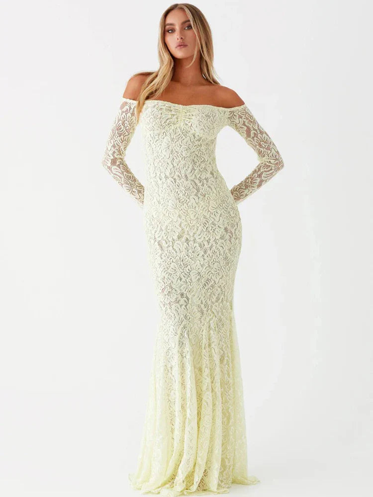 Maxi Dresses- Elegant Lace Off-Shoulder Maxi Dress- - IndioGear.com