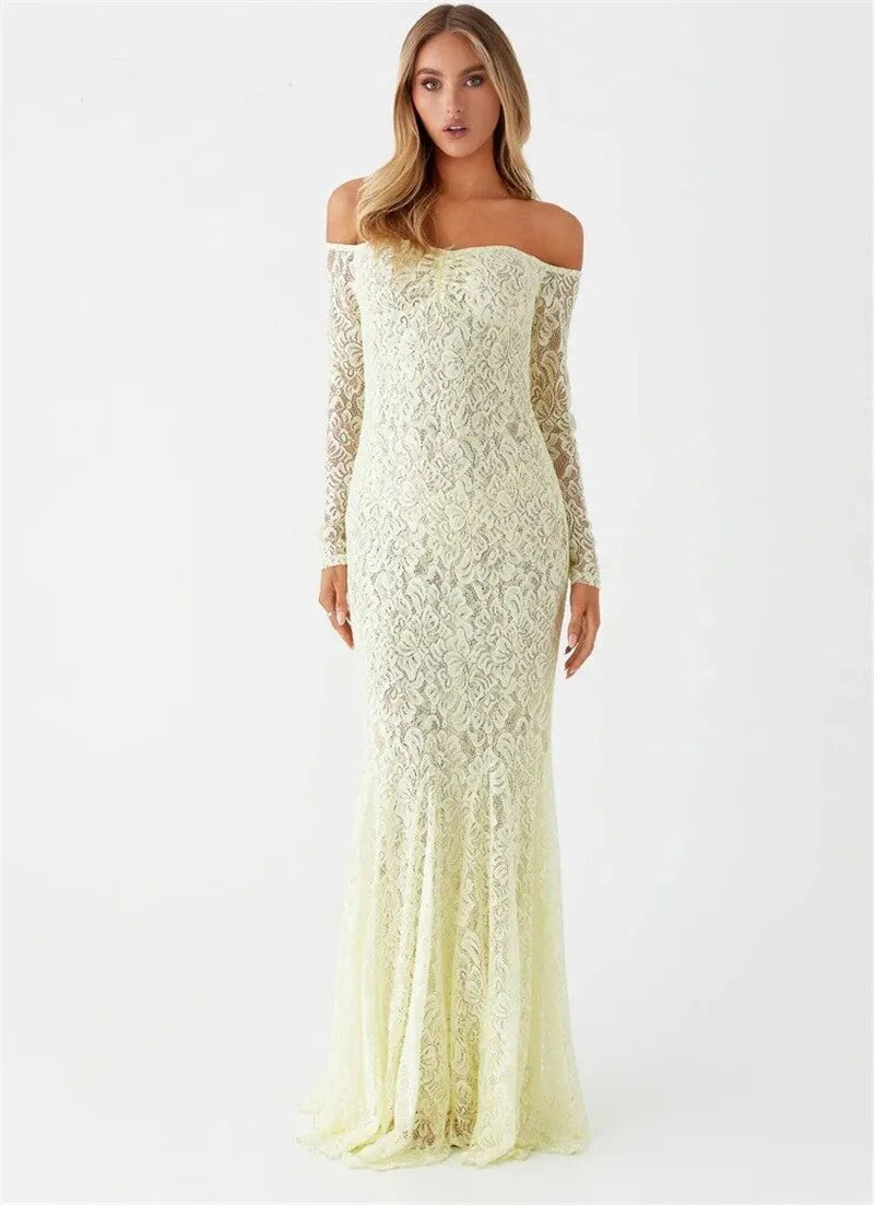 Maxi Dresses- Elegant Lace Off-Shoulder Maxi Dress- - IndioGear.com